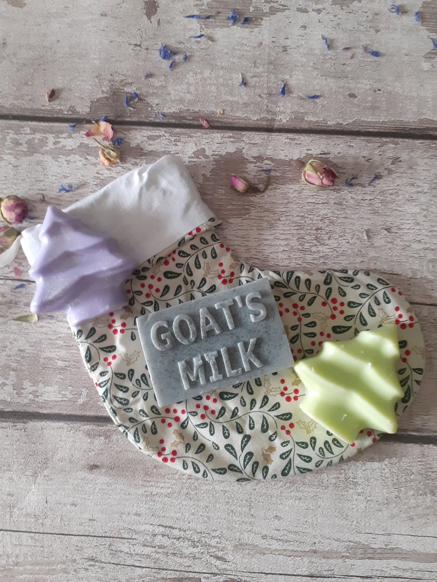 Handmade Natural Soaps Set Of Three With Lined Cotton Christmas Stocking Bag