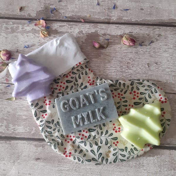 Handmade Natural Soaps Set Of Three With Lined Cotton Christmas Stocking Bag