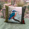 Kingfisher tapestry cushion cover with vintage buttons