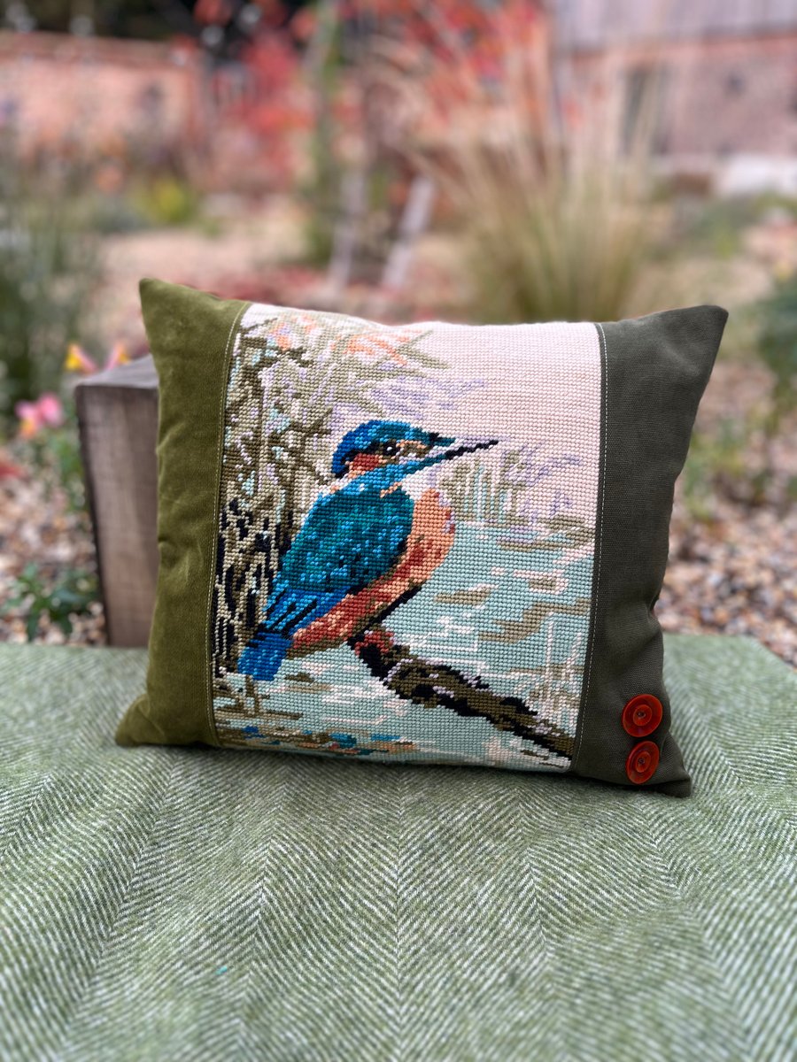 Kingfisher tapestry cushion cover with vintage buttons