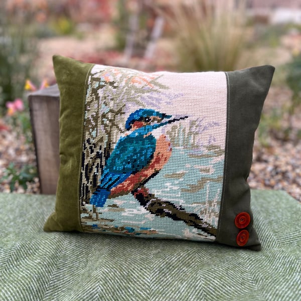 Kingfisher tapestry cushion cover with vintage buttons