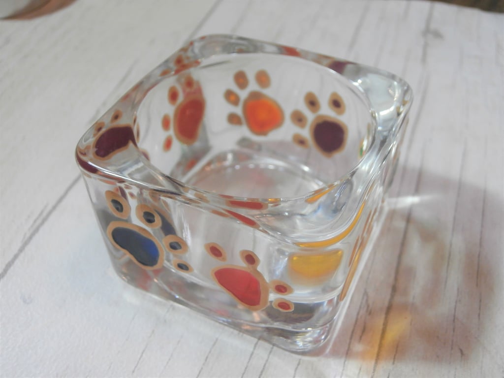Hand painted Rainbow Bridge pet loss tealight holder. Rainbow paw prints, pet me