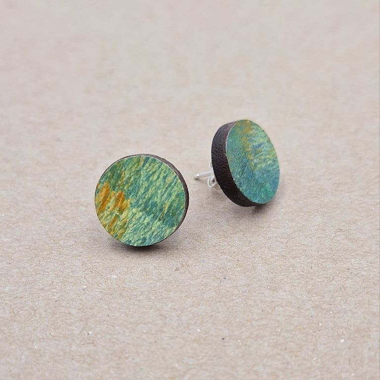 Small wooden disc studs in green, white and mustard with sterling silver backs