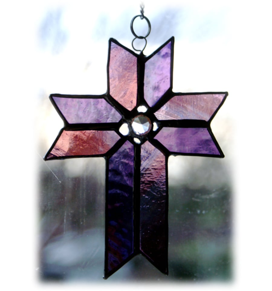 SOLD Cross Suncatcher Stained Glass Handmade Purple Crystal 