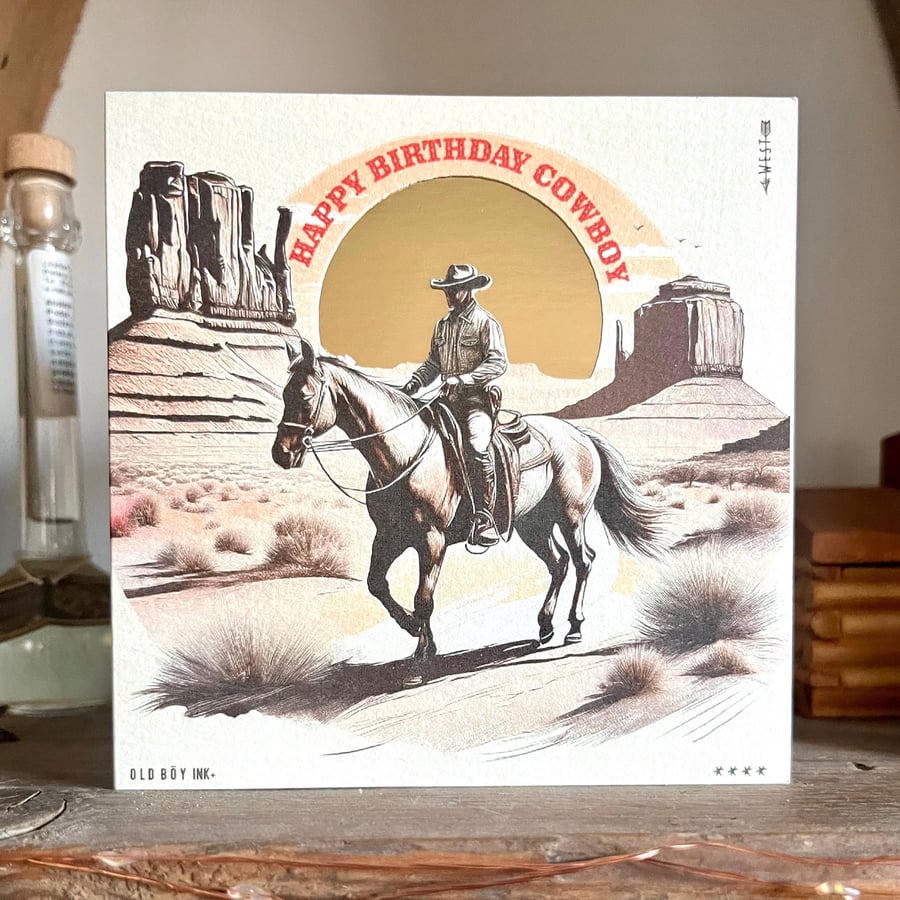 Handmade Happy Birthday Cowboy Card - Off White & Gold