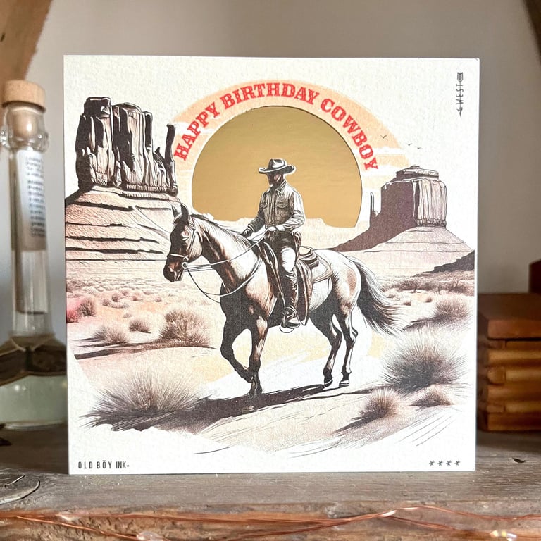 Handmade Happy Birthday Cowboy Card - Off White & Gold