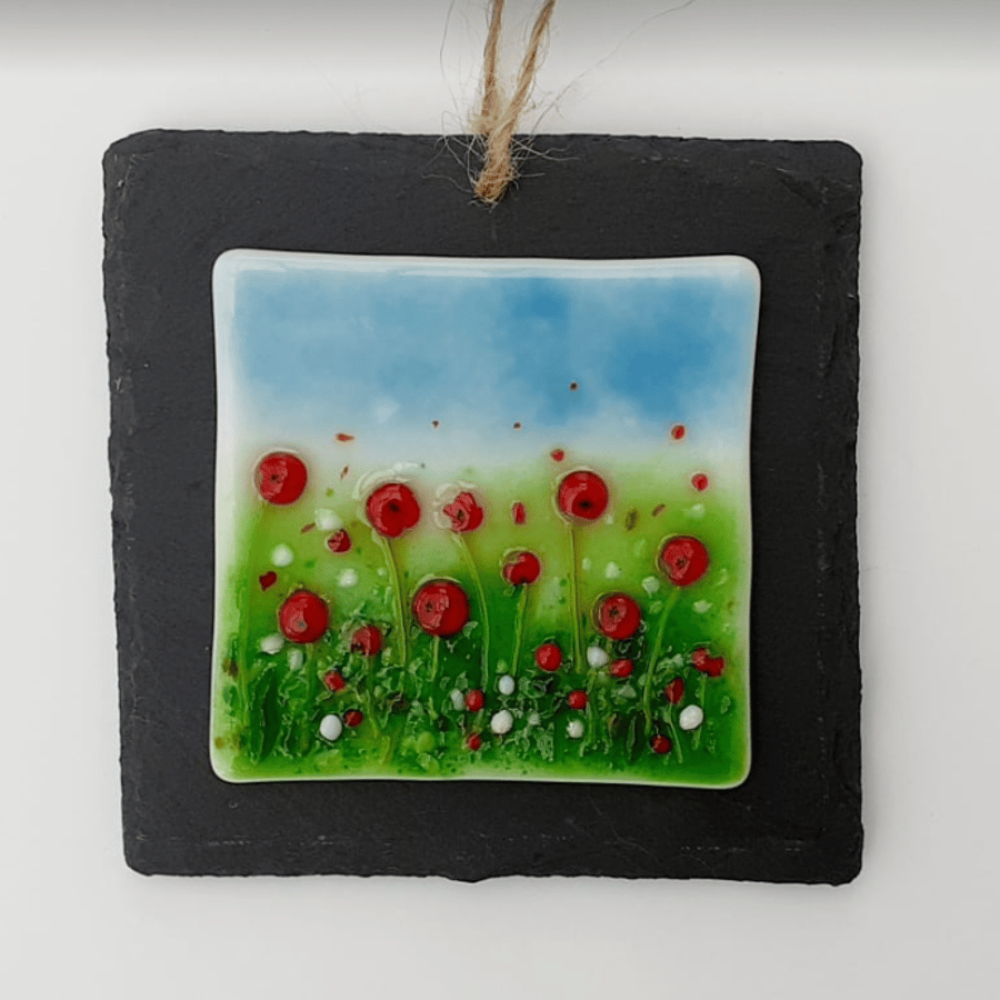 Fused glass 'Meadows' mini picture mounted on slate - poppies and daisies