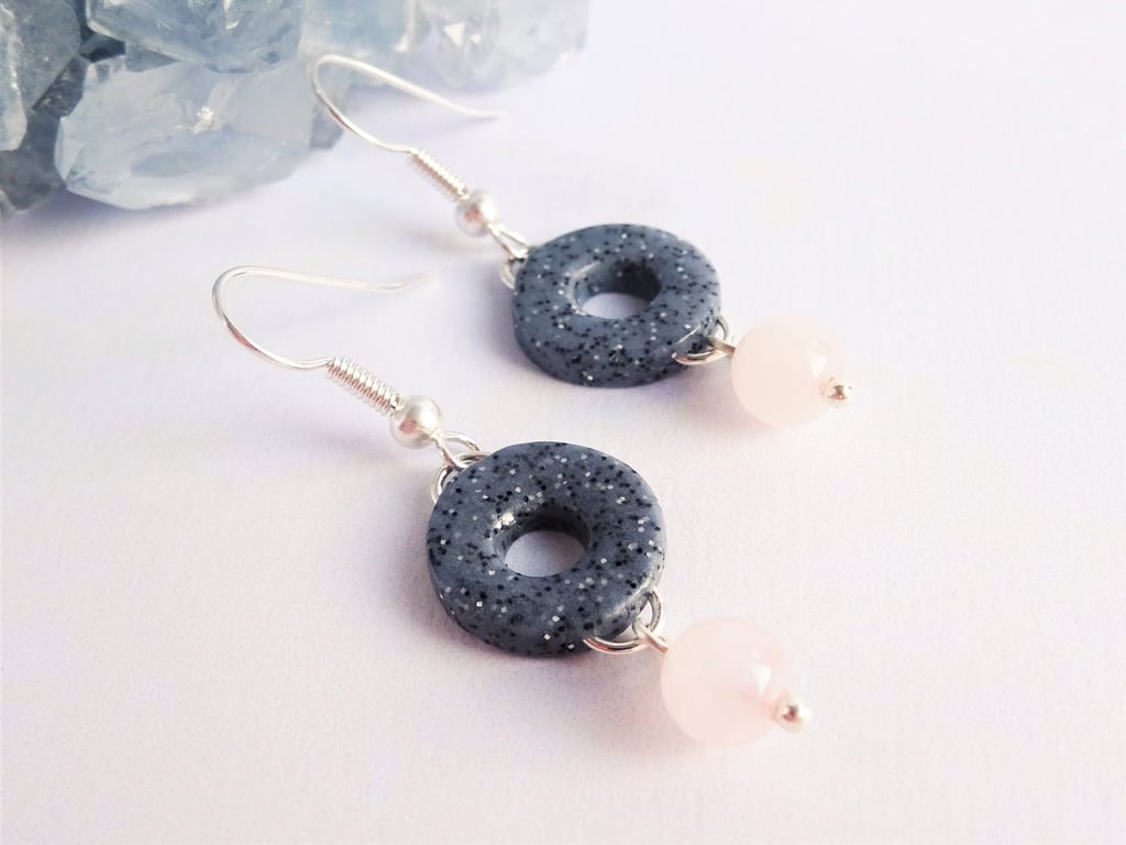 Rose Quartz Drop Earrings, Pink and Grey earrings, Modern Semi Precious Earrings