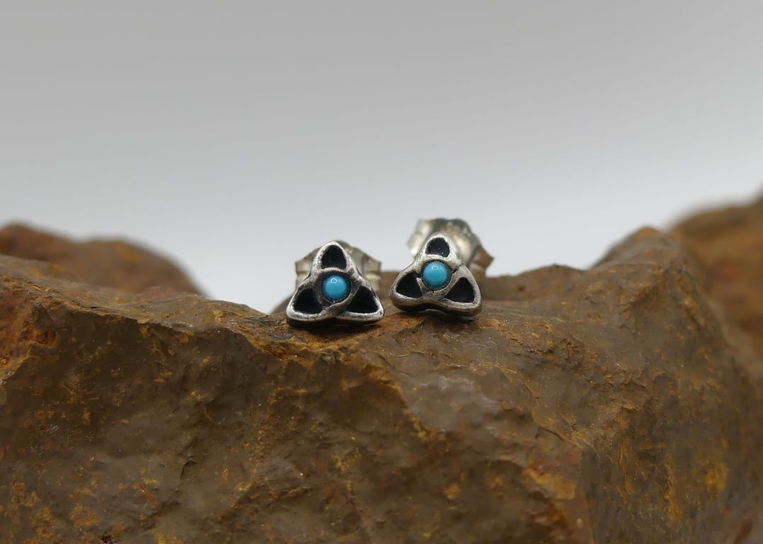 Recycled Sterling Silver Triquetra Stud Earrings with 1.5mm Turquoise Gemstones.
