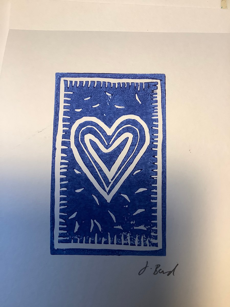 Blue hear lino print. Original. Home decor. Romance, wedding love. 