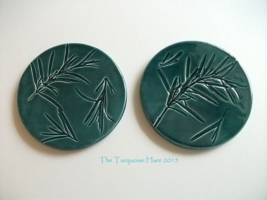 Ceramic Peacock Green Coasters imprinted with Rosemary - Set of 2