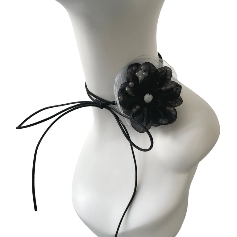 Flower choker Black and pale blue organza fabric flower corsage tie choker 