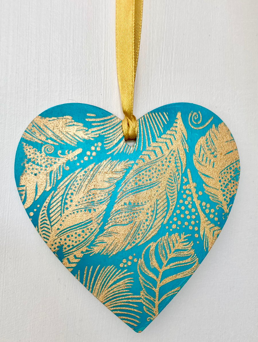 Boho Feathers Hanging Heart Turquoise and Gold 