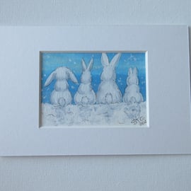 ACEO Bunny Rabbit Snow Scene Miniature Painting in Acrylics