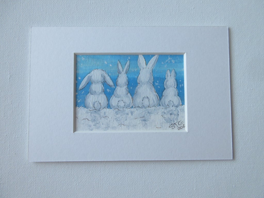 ACEO Bunny Rabbit Snow Scene Miniature Painting in Acrylics