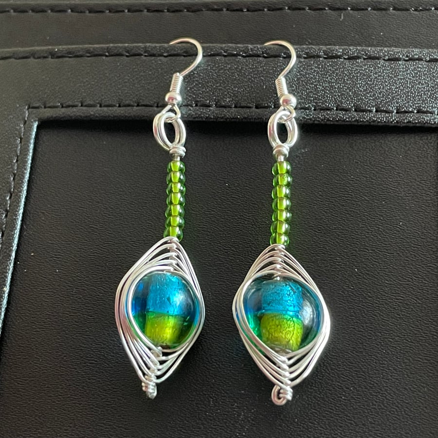 Blue-Green Glass Lampwork Earrings 