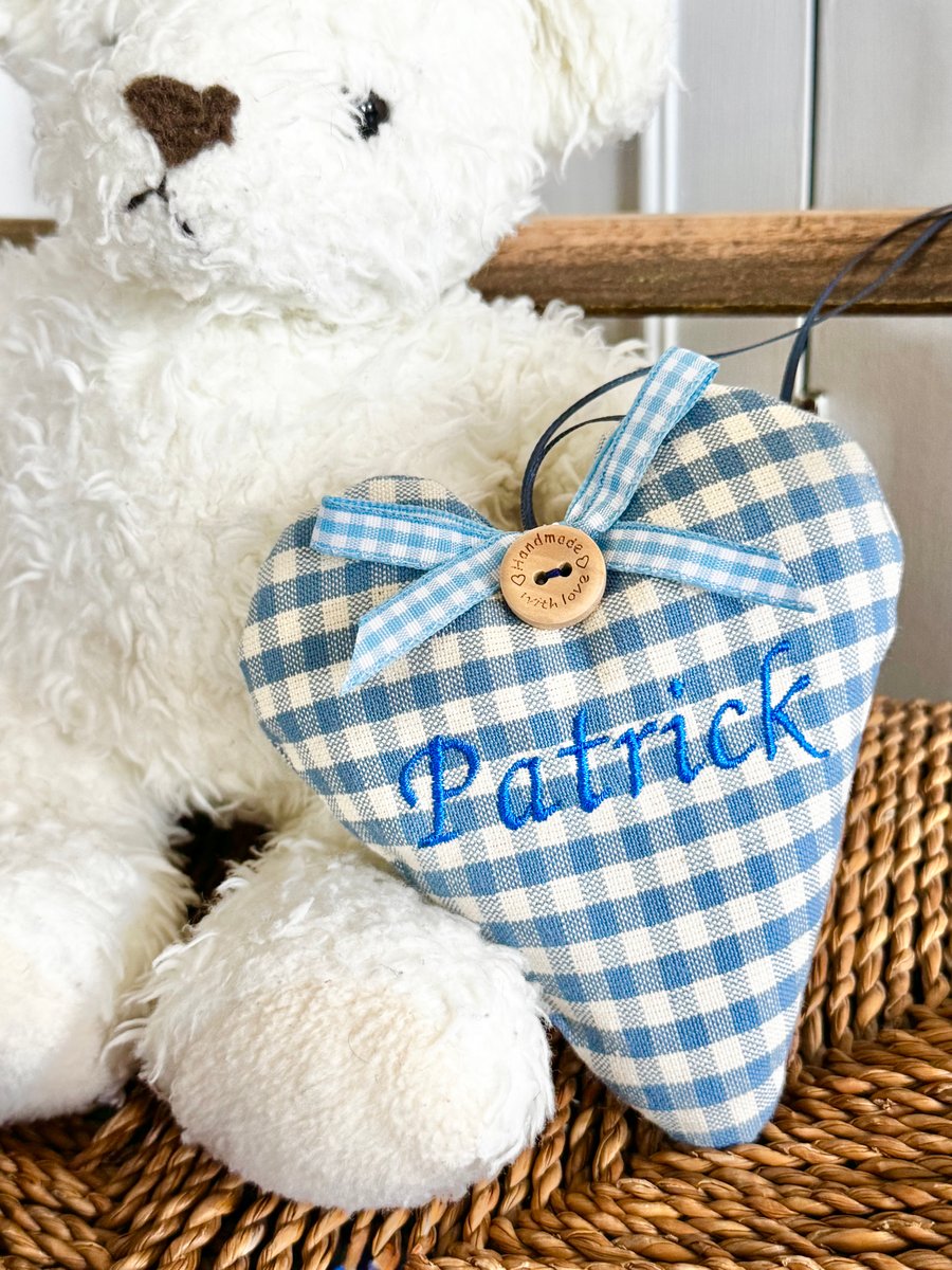 BLUE NAME HEART - new baby gift - blue gingham