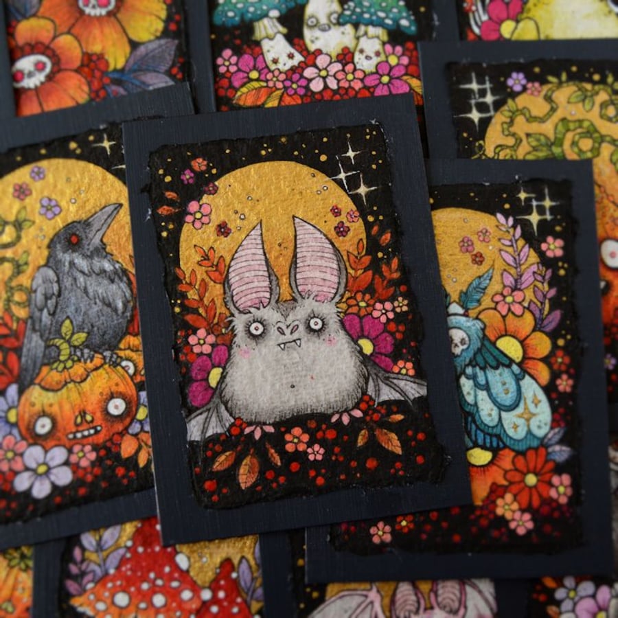 big eared bat - original aceo illustration