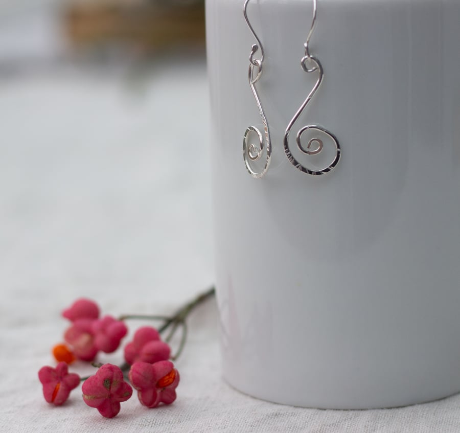 Sterling Silver Wire Scroll Earrings, spiral dangle earrings, 