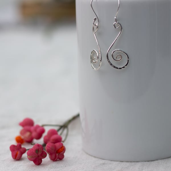 Sterling Silver Wire Scroll Earrings, spiral dangle earrings, 