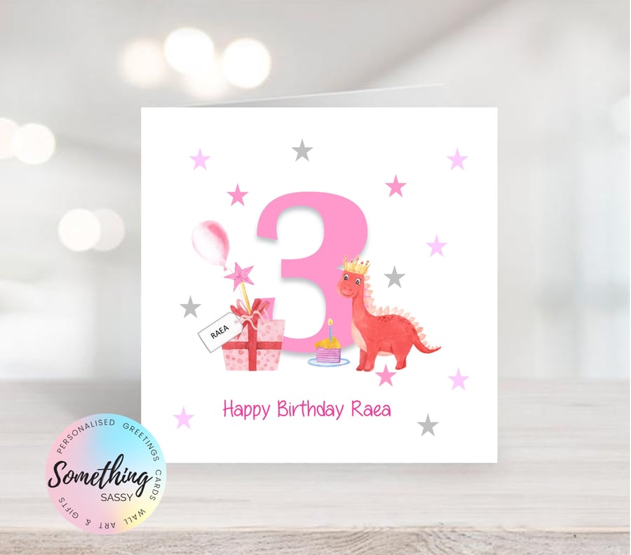 Girls 3rd  Birthday Dinosaur Greetings Card Personalised  with any text