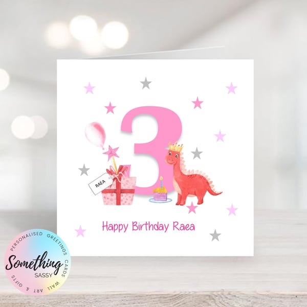Girls 3rd  Birthday Dinosaur Greetings Card Personalised  with any text