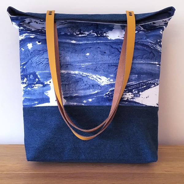 Tote bag, handmade – sea print with mustard yellow leather handles