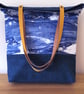 Tote bag, handmade – sea print with mustard yellow leather handles