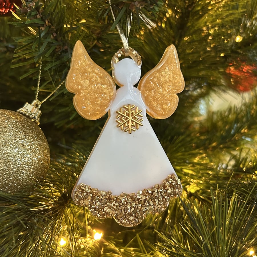 Celestial Grace Gold & White Angel Christmas Hanging Decoration