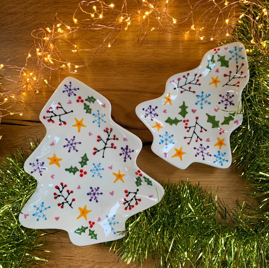 Hand Painted Ceramic Festive Confetti Tree Dish, Christmas Pottery