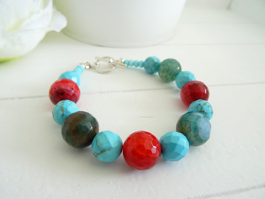 Faceted Agate and Turquoise Bracelet, Agate Bracelet, Turquoise Bracelet