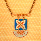 Recycled vintage tin copper, blue & orange flower fan pendant necklace
