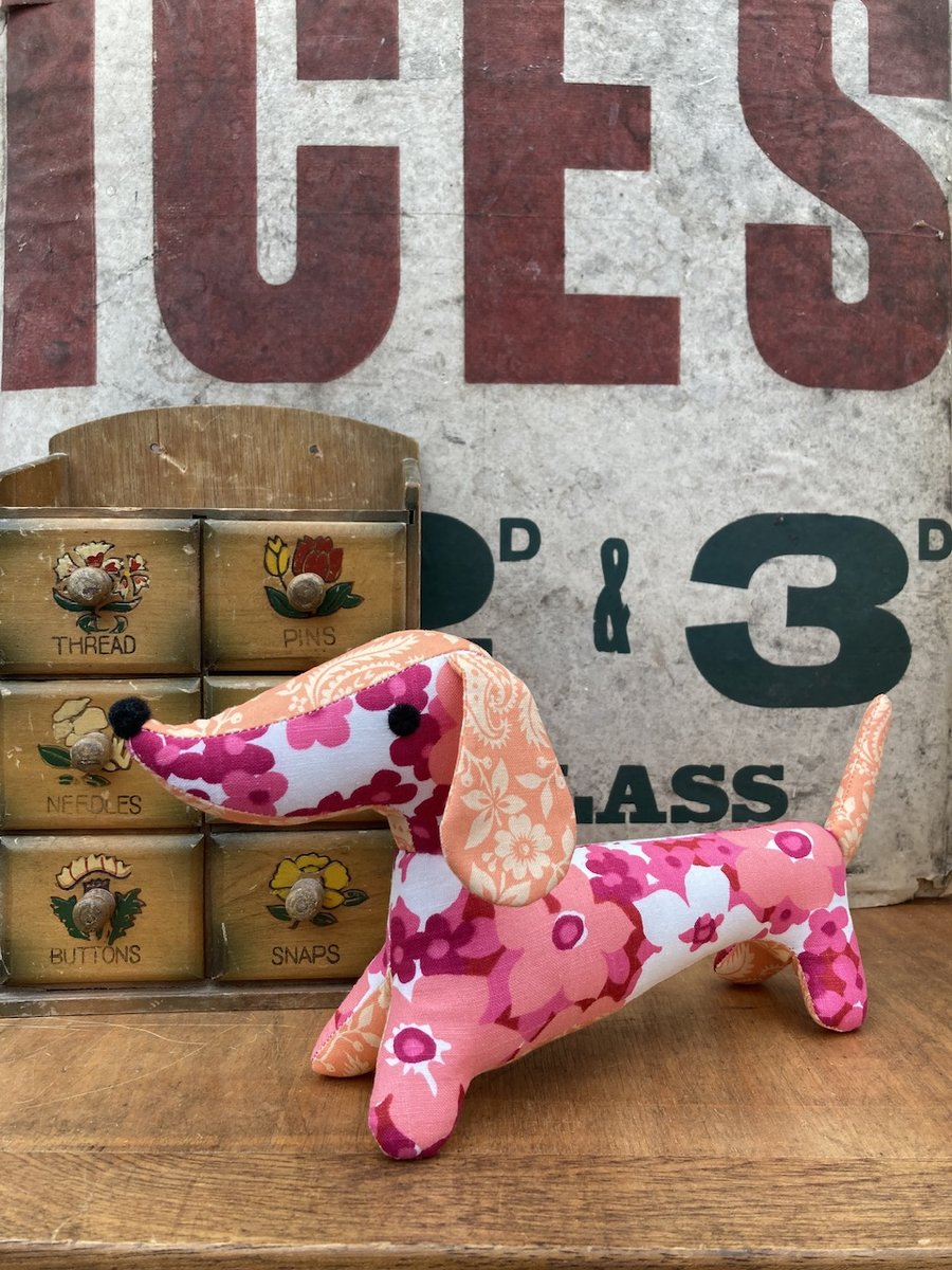 Snossage the Vintage Fabric Sausage Dog Pink 