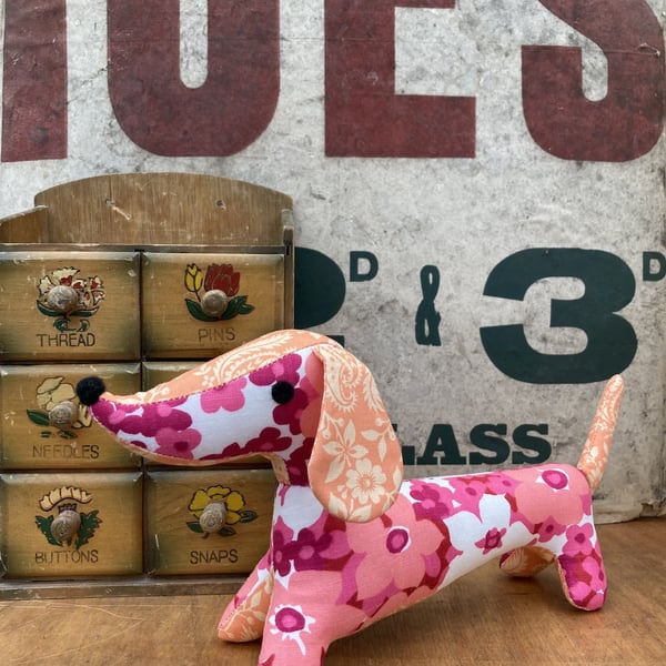 Snossage the Vintage Fabric Sausage Dog Pink 