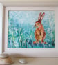 Hare sitting with turquoise background. Original painting - Image 6