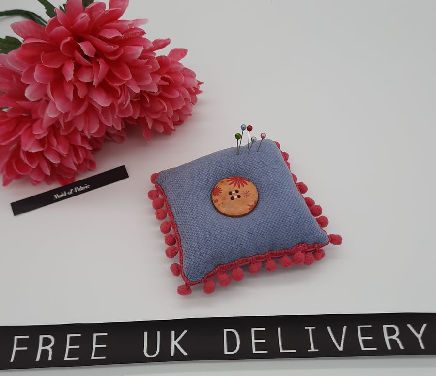 Pin cushion in blue with pink bobble trim. Free uk delivery.  