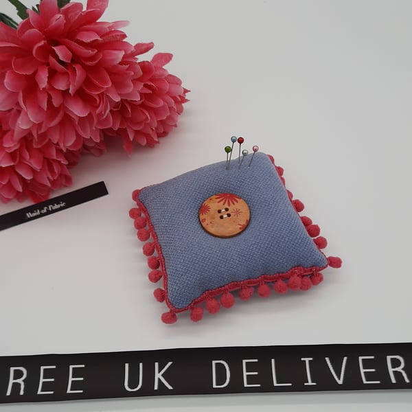 Pin cushion in blue with pink bobble trim. Free uk delivery.  