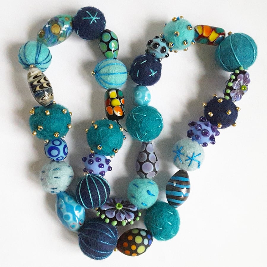 Necklace Glass Lampworked and Hand Embroidered Wool Felt Bead