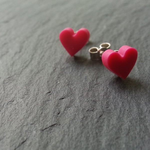 Tiny bright pink Valentine heart stud earrings