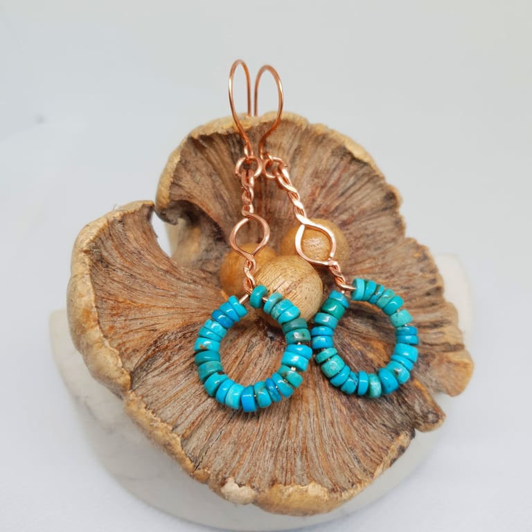 Copper & Turquoise Heishi Bead Earrings Twist Boho Dangles