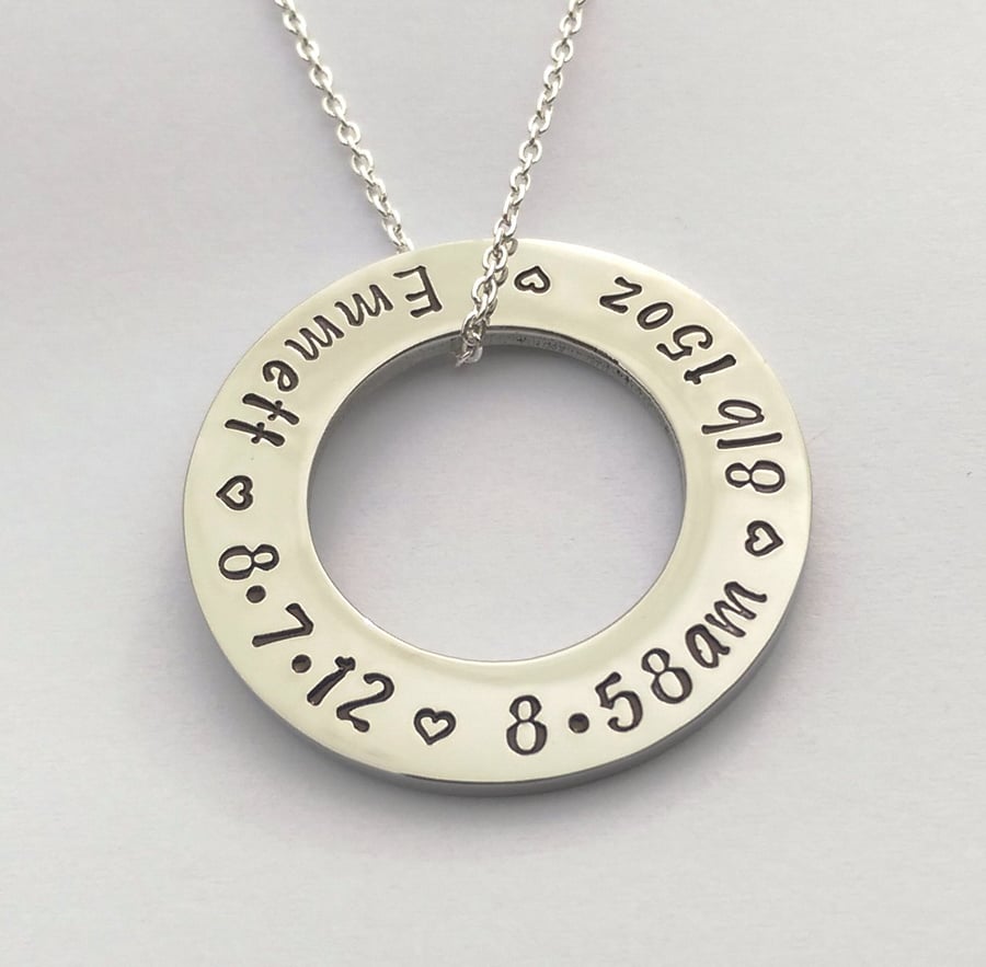 Hand stamped personalised New Mummy necklace with babys birth details