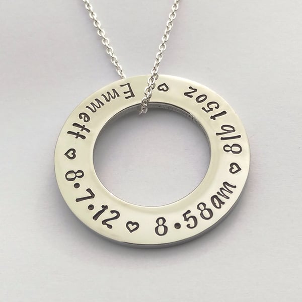 Hand stamped personalised New Mummy necklace with babys birth details