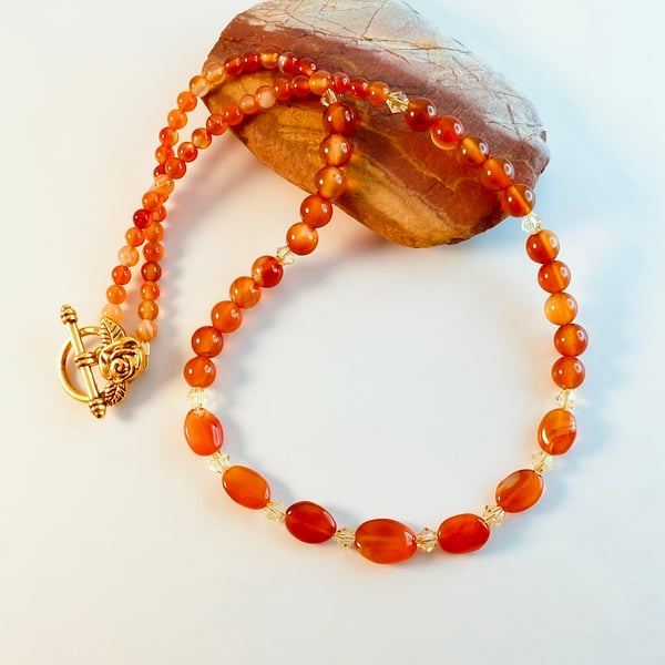 Carnelian Necklace With Pale Yellow Swarovski Crystals - Handmade In Devon