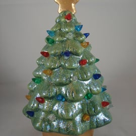 Green Ceramic Glittery Xmas Christmas Tree Table Lamp Light Ornament Decoration.