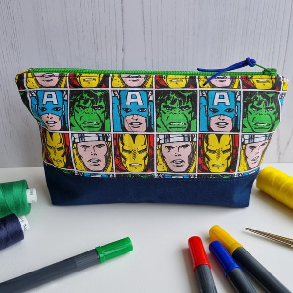 Large pencil case, zipped pouch, super heroes, notions case, make-up bag