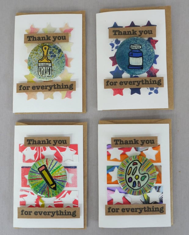 4 x Badges, Art Badges, Badge Cards, Thank You Cards, Keepsake Cards, Art Cards