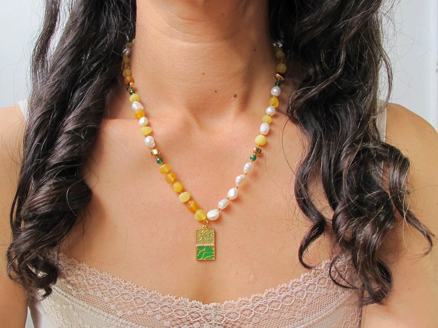 "Faye" Baltic Amber and Pearl Necklace Infused with the Essence of of Jade 