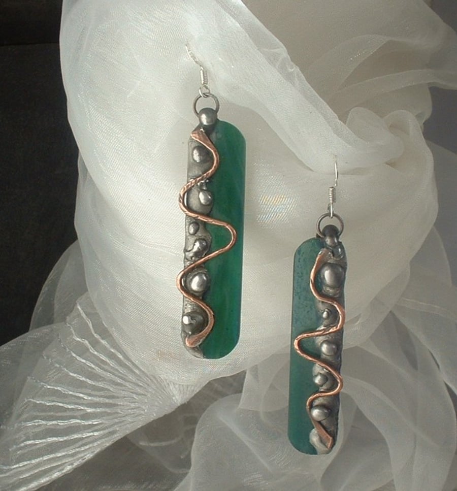 "Sea Serpent" Green Glass & Copper Earrings