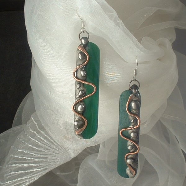 "Sea Serpent" Green Glass & Copper Earrings