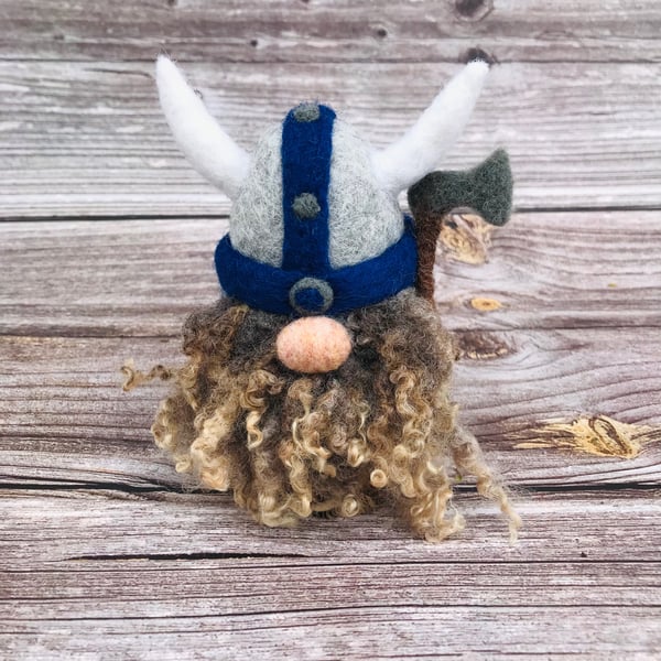 Needle Felted Woolly Viking on Wooden Base - Father’s Day handmade OOAK gift 